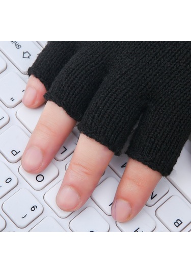 Erkekler İçin Sonbahar Ve Kışa Uygun Saf Siyah Yünlü 2 Çift Yeni Yarım Parmak Sıcak Eldiven Kadınlar İçin Parmaksız Yarım Kesim İş Eldivenleri