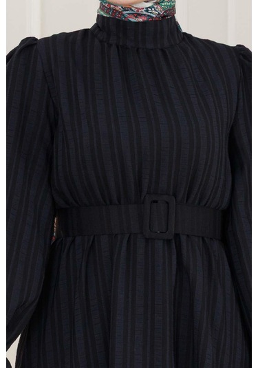 Kolu Volanlı Kemerli Henna Elbise-siyah-5060 Siyah