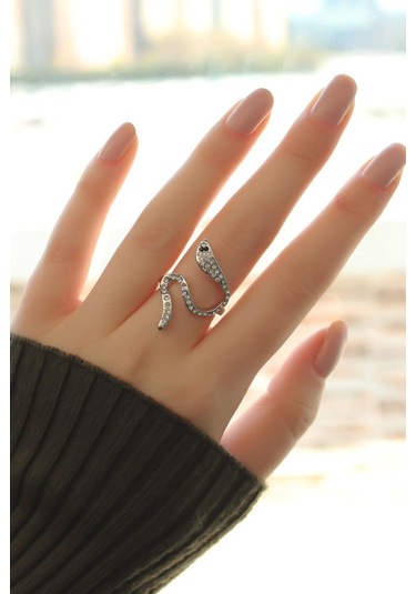 Zirkon Taşlı Gümüş Renk Yılan Yüzük Gümüş