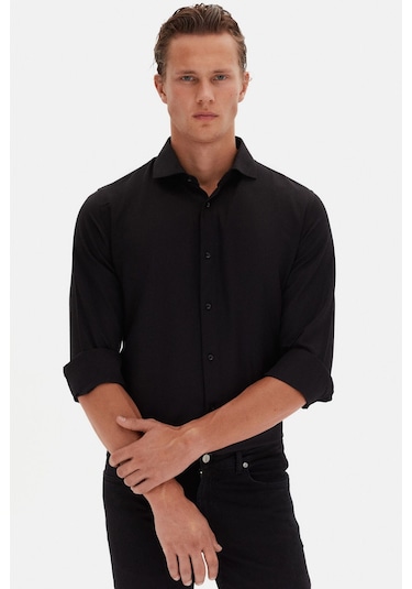 D'S Damat Slim Fit İtalyan Yaka Armürlü Uzun Kollu Kolay Ütülenebilir Nefes Alan Dört Mevsim Erkek Gömlek 2HF02ORT3185 Siyah