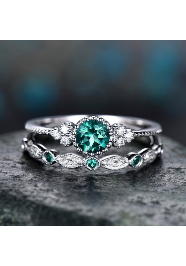 2 Pcs/set Women Fashion Zircon Gemstone Ring 10 Green Çok Renkli