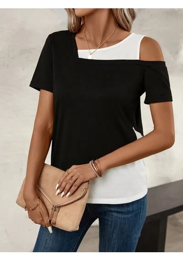 Ahes Shopping Kadın Kısa Kollu Geometrik Kesin Detaylı Çift Renkli Viskon Bluz Siyah