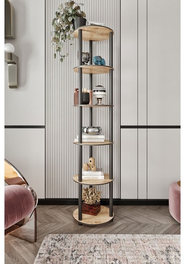 6 Katlı Dekoratif Yuvarlak Kitaplık Meşe Meşe