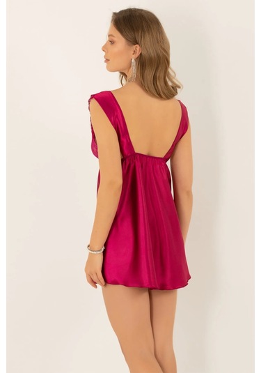 Faryanight Saten Dantelli Açık Sırt Detaylı Kalın Askılı Gecelik Burganya Bordosu Bordo