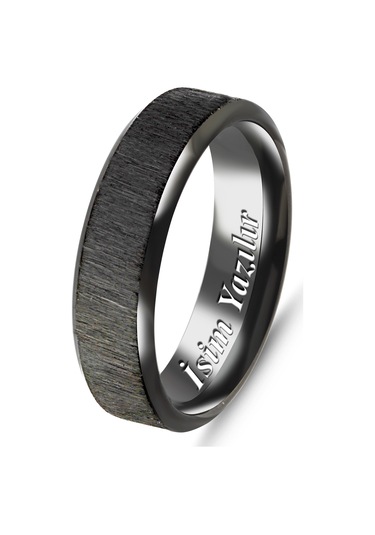 Takı Dükkanı Kişiye Özel İsim Yazılı Köşeli 6mm Mat Fırçalanmış Düz Unisex Çelik Yüzük Alyans Cl47y Siyah