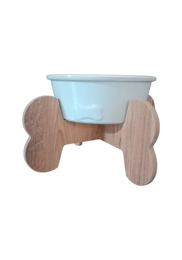 Realwood Seramik Kaseli Ahşap Ayaklı Tekli Büyük Irk Köpek Mama Su Standı