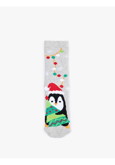 Koton Penguen Desenli Yılbaşı Çorabı Gri 6wkg80016aa Gri