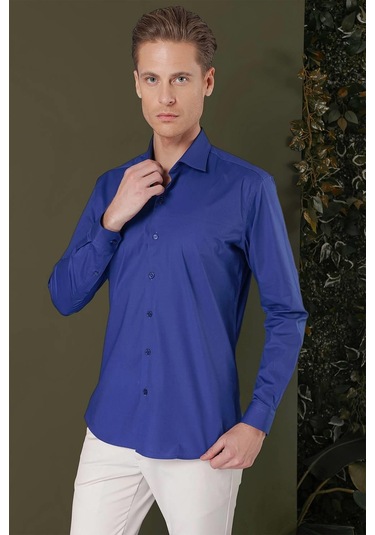 Gk 709 Slim Fit Gece Mavisi Klasik Gömlek Mavi