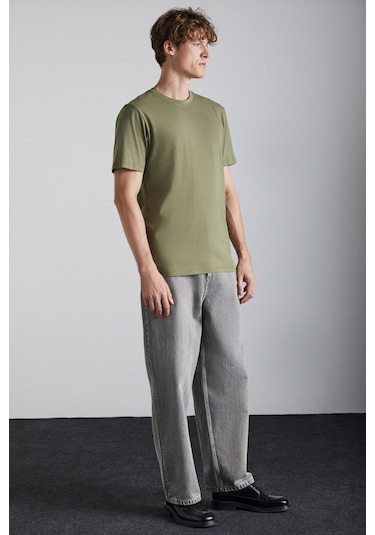 GRIMELANGE Solo Erkek %100 Organik Pamuklu Kalın Dokulu Comfort Fit Bisiklet Yakalı Haki T-shirt Haki