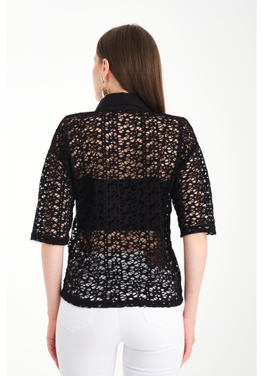 Polo Yaka Dantel Gömlek Siyah