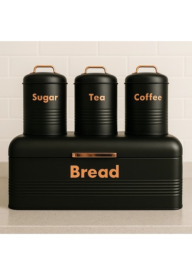 4 Lü Mutfak Seti Ekmeklikçay Kahve Şekerlik Siyah 43x20 Antrasit