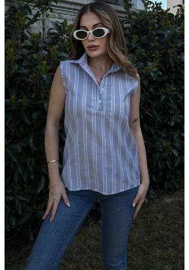 Kadın Anrasit Çizgili, Dokulu Yazlık Kumaş, Yarım Patlı, Sıfır Kollu Bluz Siyah