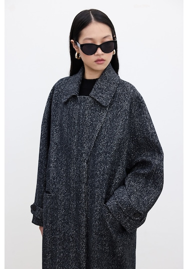 Asimetrik Kapama Kaşe Kaban Siyah Siyah