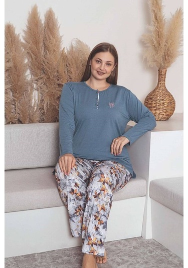 Kadın Çiçek Desen 3 Düğme Likralı Viskon Mevsimlik Büyük Beden Uzun Kol Pijama Takımı İndigo
