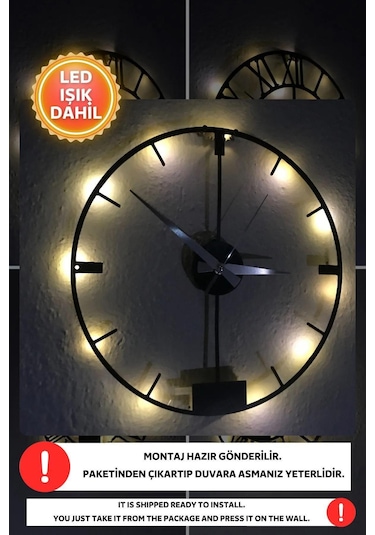 Led Işıklı Modern Duvar Saati Sessiz Dekoratif Modern Siyah Duvar Siyah