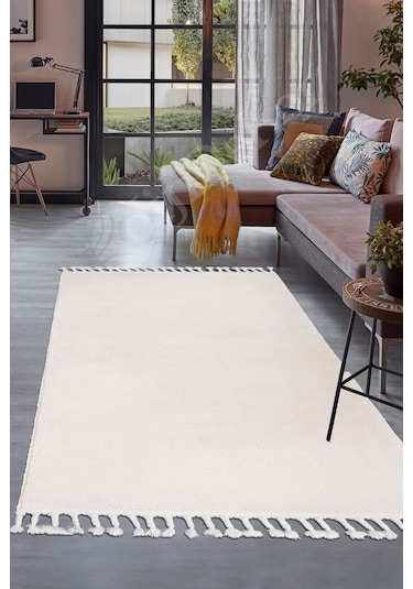 Dijidekor Lü x  Post Peluş Düz Krem Saçaklı Bohem Koridor Oturm...