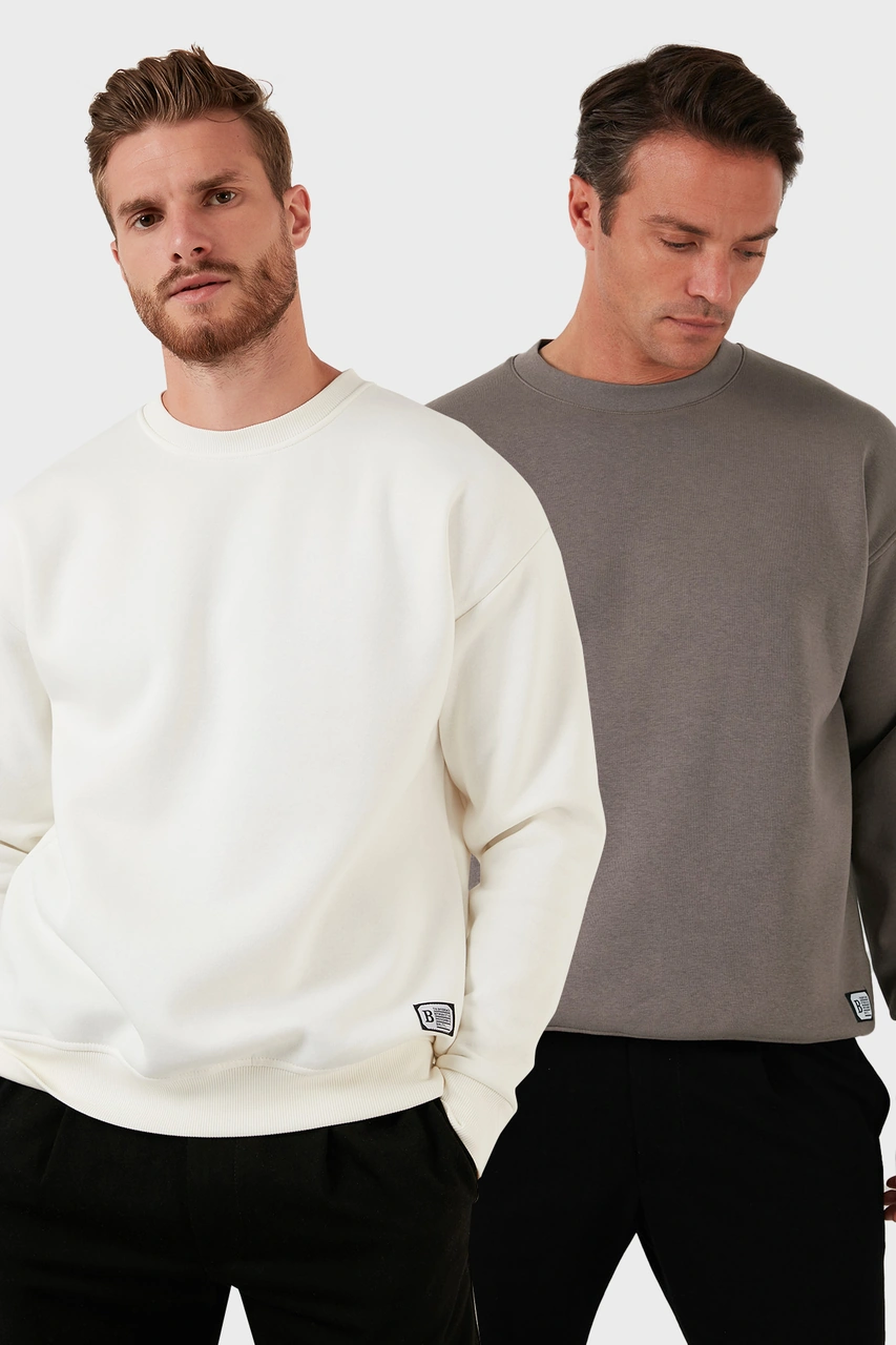 Buratti Regular Fit Bisiklet Yaka Şardonlu 2'Li Paket Erkek Sweat 5905255S2 Ekru-Toprak