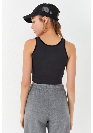 Tommy Life Füme Basic Sıfır Kol Dar Kalıp U Yaka Kadın Crop Top Atlet - 97160 Füme