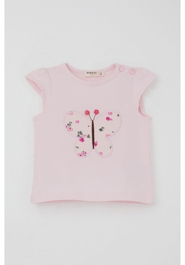 Breeze Kız Bebek Şortlu Takım Çiçek Baskılı Kelebek Nakışlı Düğme Aksesuarlı 6 Ay-2 Yaş, Pembe Pembe