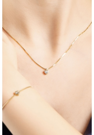 Romantik Aşk 18 Ayar Sarı Altın Kaplama 43 Cm Gümüş Kalp Kolye Sarı