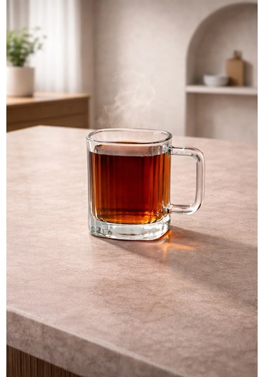 6 Lı Cam Kulplu Çizgili Çay Bardağı Bardak 120ml Şeffaf