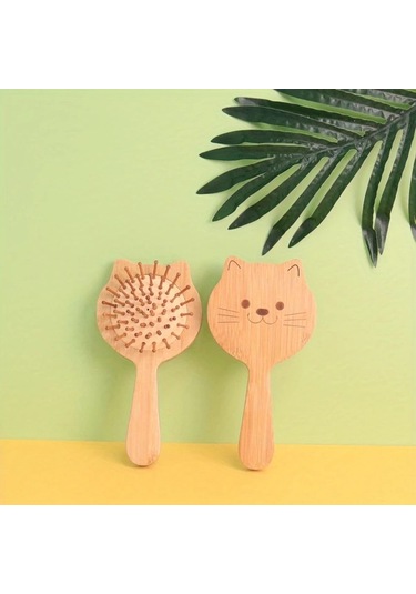 Gateesat Ahşap Renk Yumuşak Bambu Kıllı Sevimli Kedi Temalı Oval Saç Masaj Fırçası