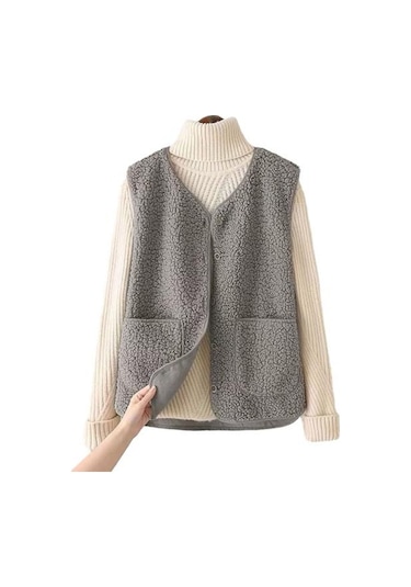 Kadın Güz Kış Yelek Ceket Düz Renk V Boyun Kolsuz Düğme Kapatma V Boyun Yumuşak Sıcak Cepler Hırka Bayan Yelek Haki