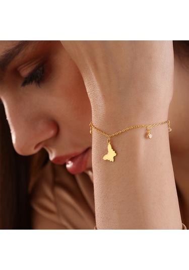 Queen Silver Jewelry 925 Ayar Gümüş Kelebek Objeli Zirkon Taş Sallantılı Bileklik Altın