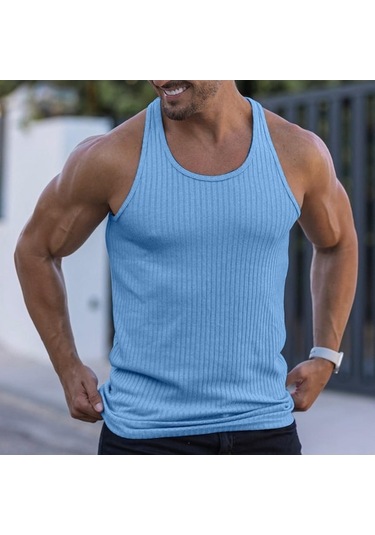 Novahub Açık Mavi Su Erkek Düz Renk Sıkma İlkbahar/yaz Örgü Dikey Şerit Vücut Geliştirme Fitness Yelek Erkek I-line Yelek - L Açık Mavi