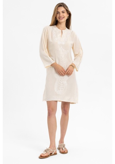Krem İşlemeli Uzun Kollu Astarsız Pamuklu Kısa Elbise-krem Krem