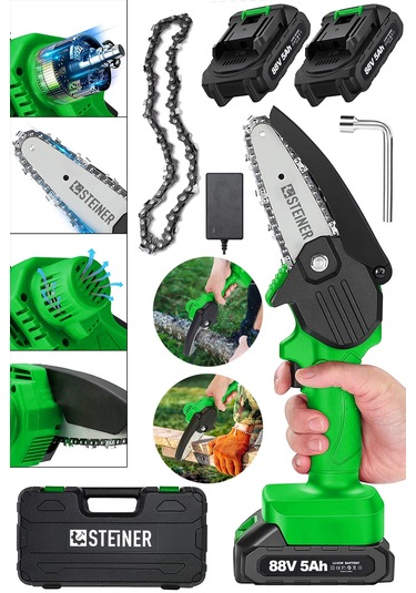Steiner 88V 5Ah Çift Akülü Çantalı Dal Kesme Budama Testeresi Bıçkı Makinesi Yeşil + Zincir