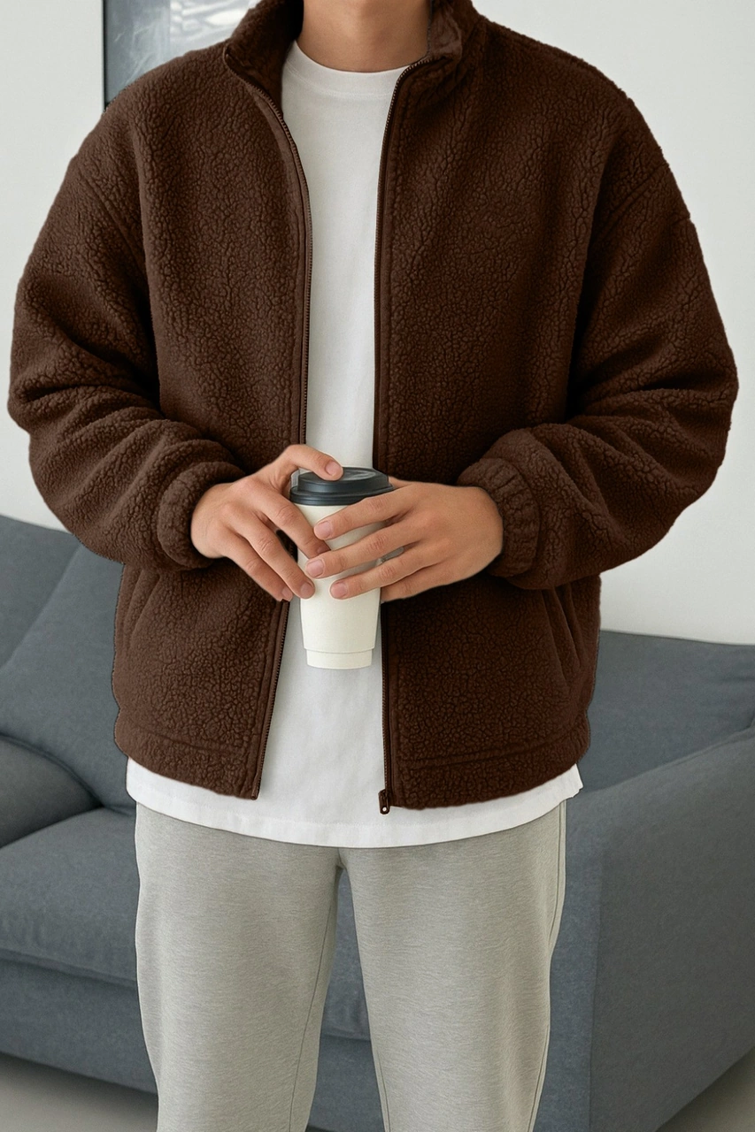 Ghassy Co. Erkek Isı Termal İç Dış Sherpa Sonbahar Kış Tam Fermuarlı Peluş Polar Sweatshirt Kahve