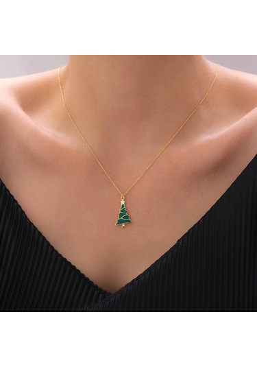 925 Ayar Gümüş Yılbaşı Hediyesi Mineli Çam Ağacı Kolye Gold