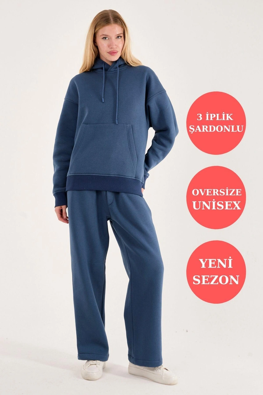 Q-4008 Kapüşonlu Üç İp Şardonlu Sweat İndigo