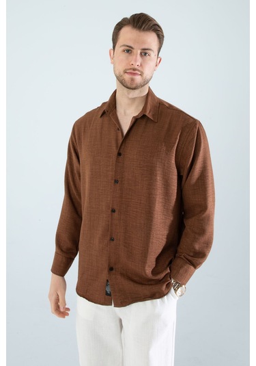 Rahat Kesim Keten Dokulu Gömlek Koyu Kahve