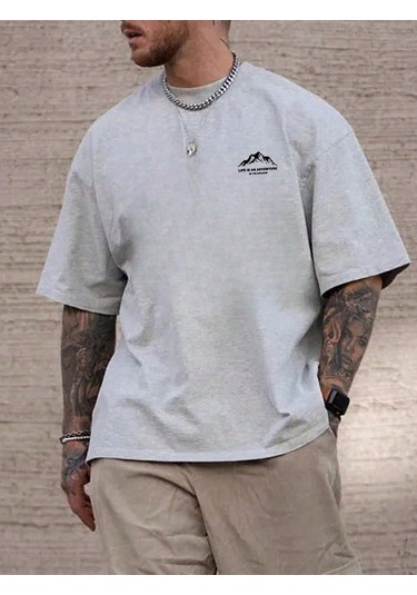 Guılanerkek Yazlık %100 Pamuk Rahat Gevşek Mektup Dağ Baskılı Kısa Kollu Tişörtgri Gri
