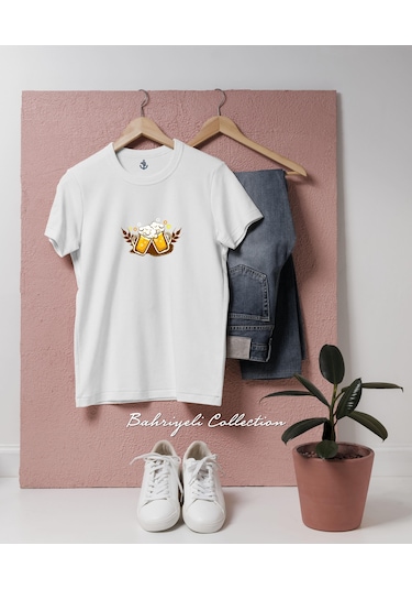 Oversize Draught Beer Wine Drink Bottle Tasarımlı Unisex T-shirt Beyaz