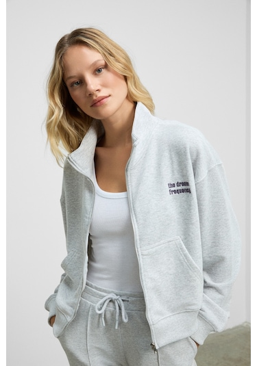 Grımelange Torına Kadın Nakış Detaylı Fermuarlı Çift Cepli Relax Grimelanj Ceket Grimelanj