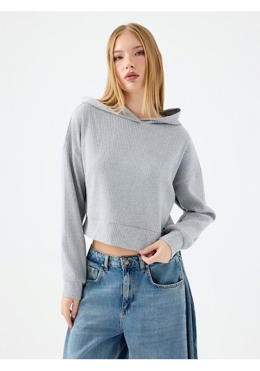 Long Crop Kadın Sweatshirt Gri Melanj