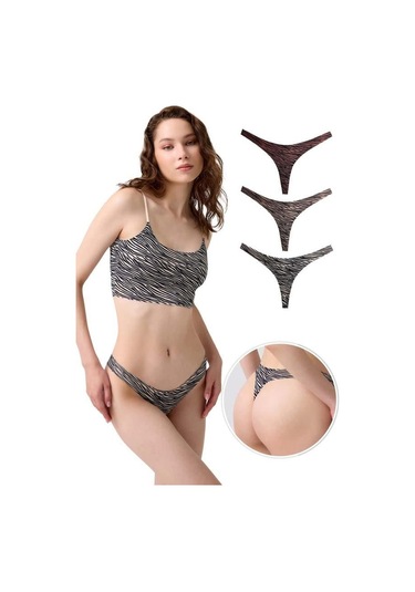 Basic Desenli Lazer Kesim Kadın Tanga Külot 3'lü Paket-1 Renkli-2 Çok Renkli
