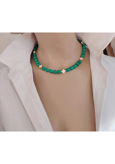 Luna Yonca Detaylı Lav Taşı Choker Doğal Taş Kolye Yeşil