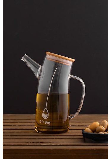 Porsima 2093 Bambu Kapaklı Vakumlu Borosilikat Cam Yağdanlık Yağlık Sirkelik 700ml Şeffaf