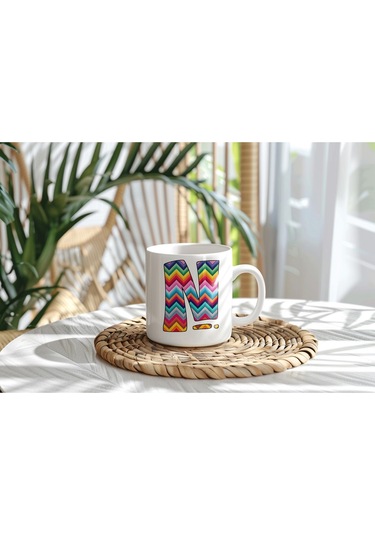 N Harfi Renkli Zigzag Desenli Kupa Bardak - Afrika Tarz Etnik Tasarım Kupa - Kişiye Özel Beyaz