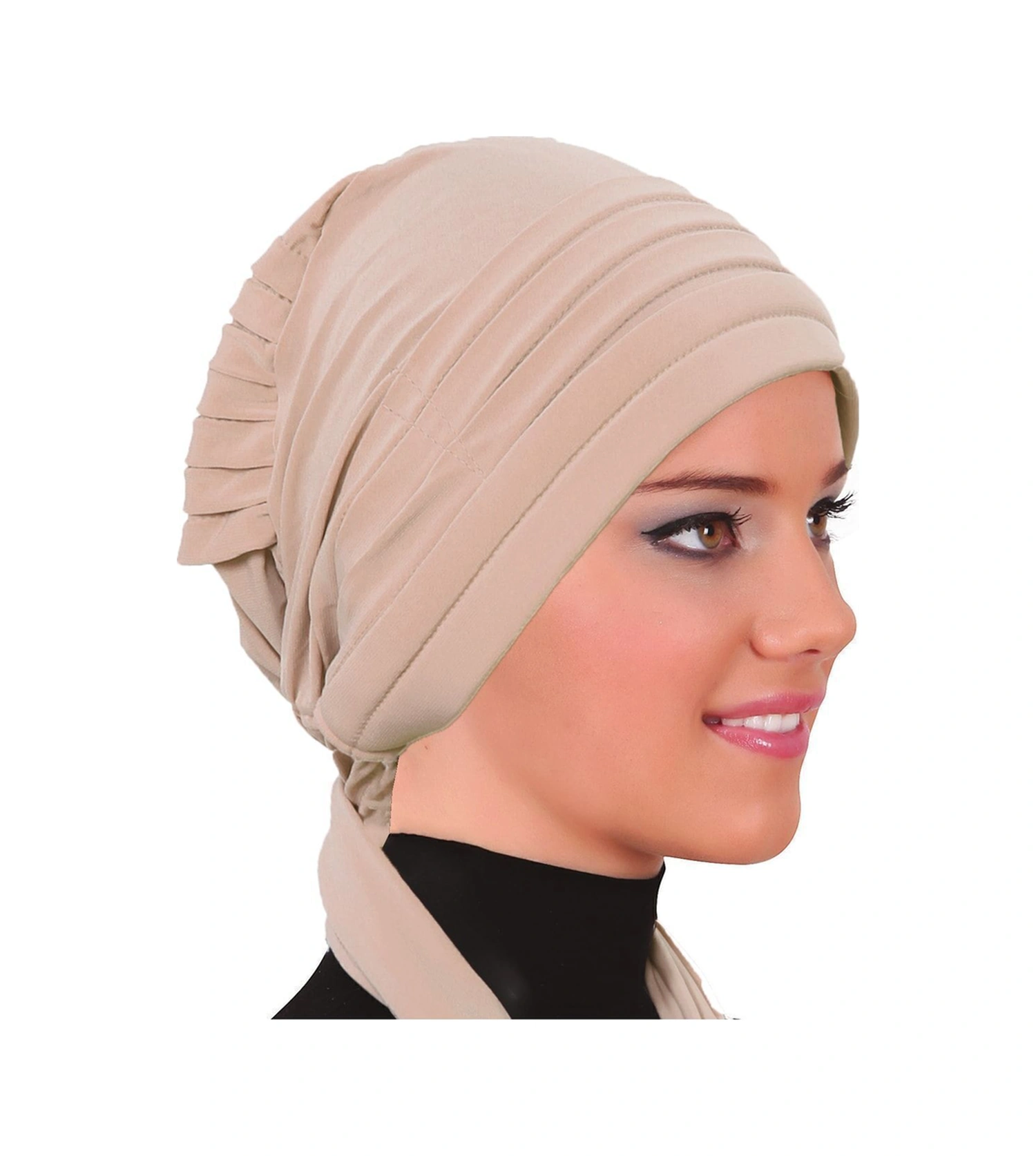 Pileli Bağlama Bej Hazır Türban Tesettür Bone Bej