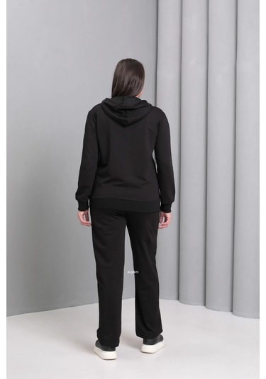 Kapüşonlu Fermuarlı Boncuk Nakışlı Takım Siyah