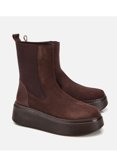 Hotiç Kadın Süet Deri Kahverengi Lastik Detaylı Kalın Tabanlı Düz Bot 01boh317830a480 01boh317830a480 Kahverengi