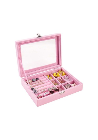 Springsun Yeni Stil Pudra Renkli Kadifeli Makyaj Kutusu - Toz Koruyucu Kapaklı, Renk Ve Parlaklığı Koruyan, Yüzük Küpe Kolye Depolama Kutusu 20 15.5 5 Cm Pembe