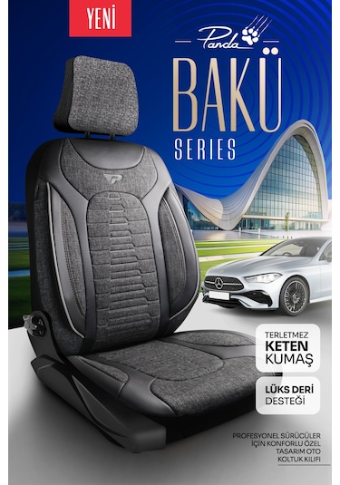 Füme - Gri Panda Bakü Serısı Keten Kumaş Oto Koltuk Kılıfı - Tam Set
