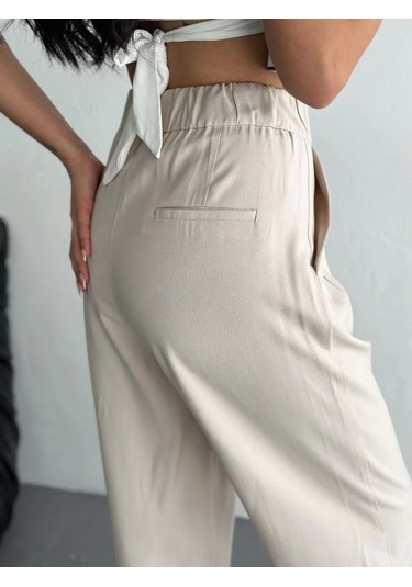 Kadın Yüksel Bel Beli Bağcıklı Rahat Boru Paça Pantalon - Kırık Beyaz Kırık Beyaz