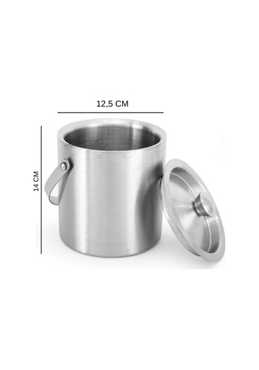 Paslanmaz Çelik Çift Cidar Taşınabilir Saplı - Kapaklı 1 Lt. Buz Kovası Gri